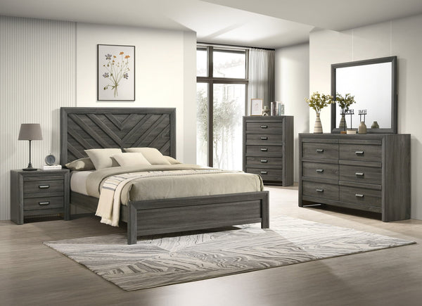 Valor Gray Panel Bedroom Set main view with bed and coordinating furniture