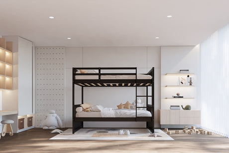 Black solid wood twin over twin bunk bed front view