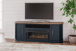 Landocken Two-Tone 83 inch TV Stand with Electric Fireplace angled side view