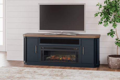 Landocken Two-Tone 83 inch TV Stand with Electric Fireplace angled side view