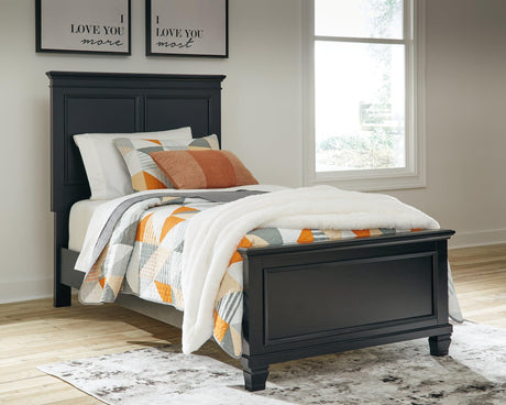 Lanolee Black Twin Panel Bed angled view showing headboard