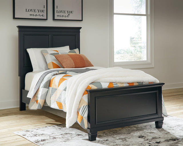 Lanolee Black Twin Panel Bed angled view showing headboard