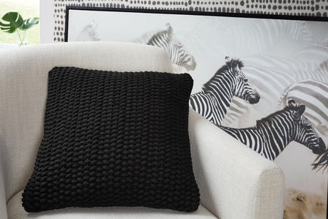 Renemore Black Pillow front view showing handwoven patterned fabric