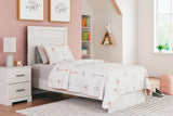 Front angle of Stelsie White Twin Panel Bed showing plank-style headboard