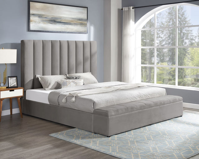 Valencia Gray velvet upholstered platform king bed front view