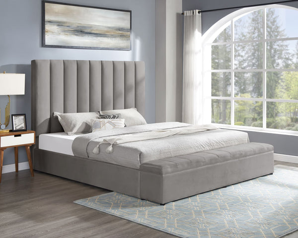 Valencia Gray velvet upholstered platform queen bed front view