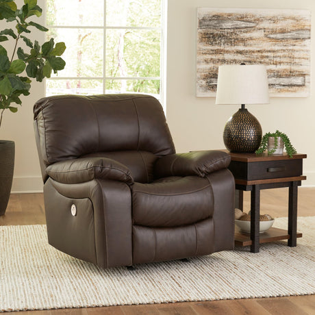 Front view of Leesworth Dark Brown Leather Power Recliner