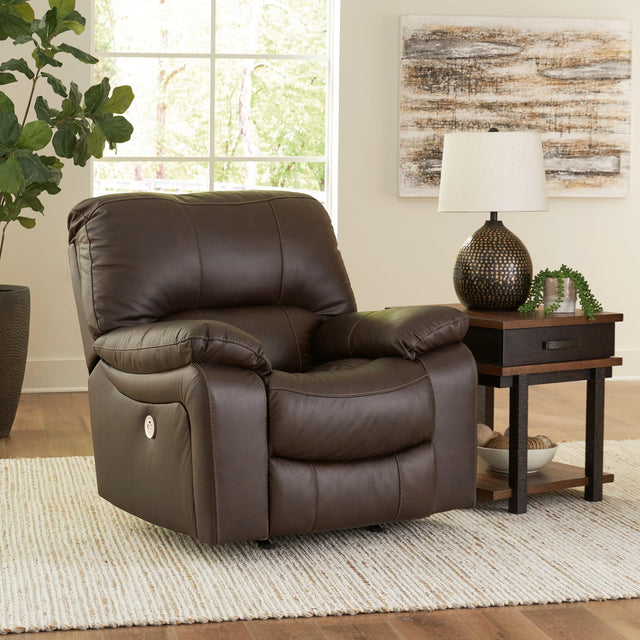 Front view of Leesworth Dark Brown Leather Power Recliner