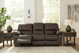 Leesworth dark brown leather match power reclining sofa front angle