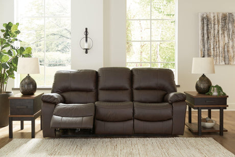 Leesworth dark brown leather match power reclining sofa front angle