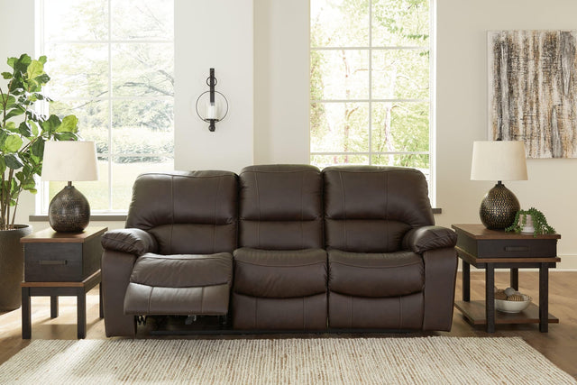 Leesworth dark brown leather match power reclining sofa front angle