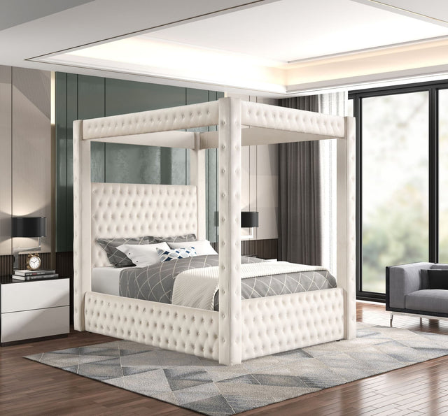 Castle Cream Velvet Upholstered Tufted Platform King Bed front view