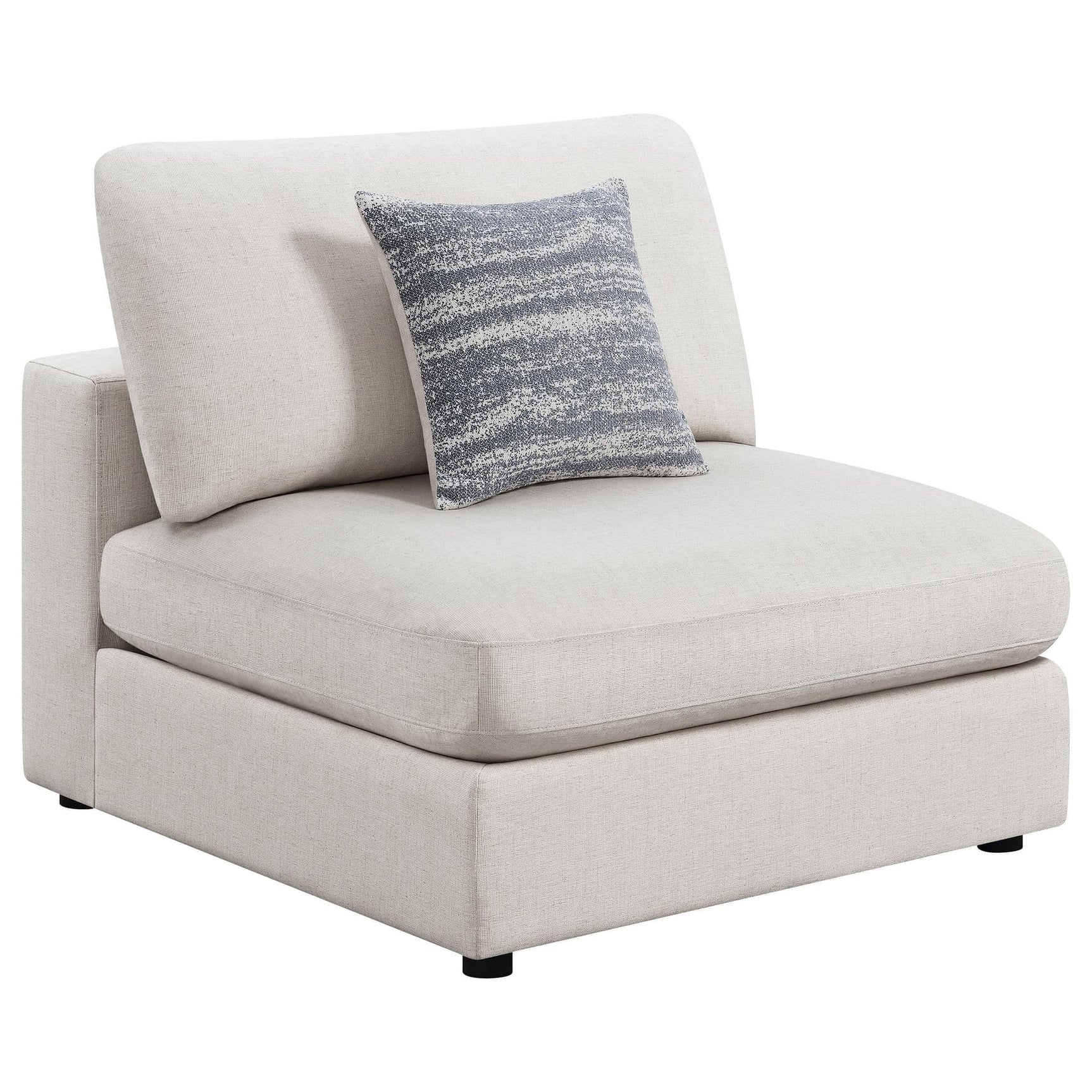 Serene beige upholstered armless chair angled front view