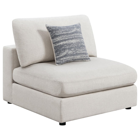 Serene beige upholstered armless chair angled front view