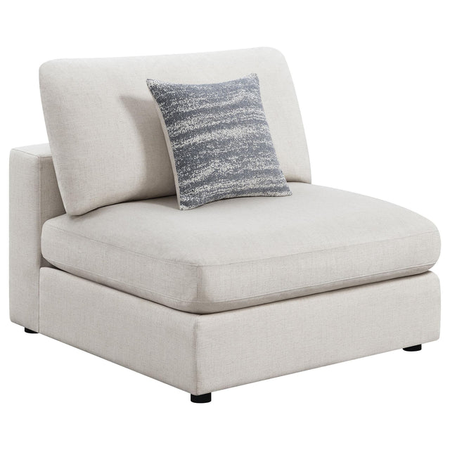 Serene beige upholstered armless chair angled front view