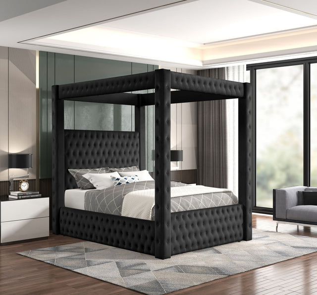 Castle Black Velvet Upholstered Tufted Platform King Bed, front angle