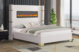 Front view of Romance White Platform Queen Bed with multicolor fireplace headboard
