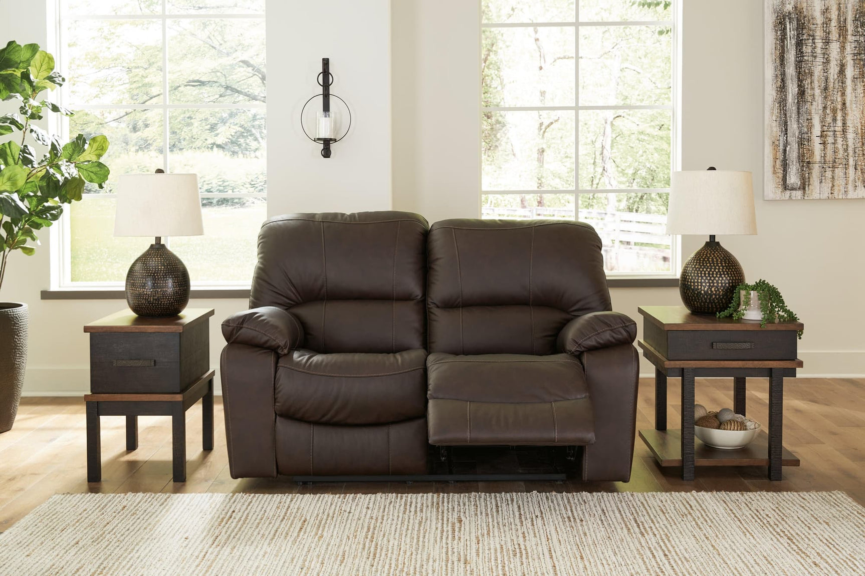 Leesworth dark brown leather power reclining loveseat front angle