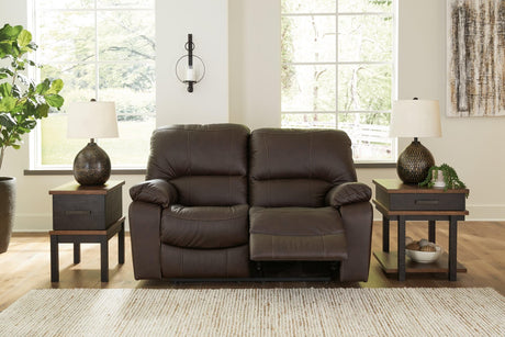 Leesworth dark brown leather power reclining loveseat front angle