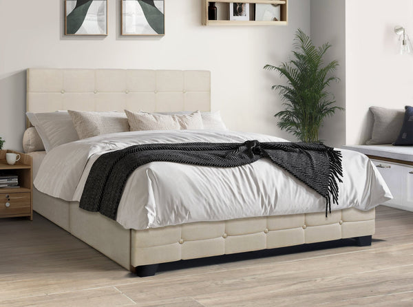 Faddy Beige Upholstered Tufted Platform King Bed front view