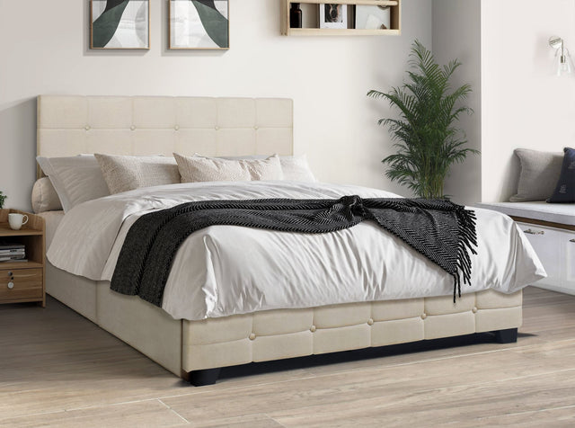 Front view of Faddy Beige Upholstered Tufted Full Platform Bed