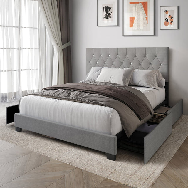 Dooma Gray Velvet Upholstered Tufted Platform King Bed front view
