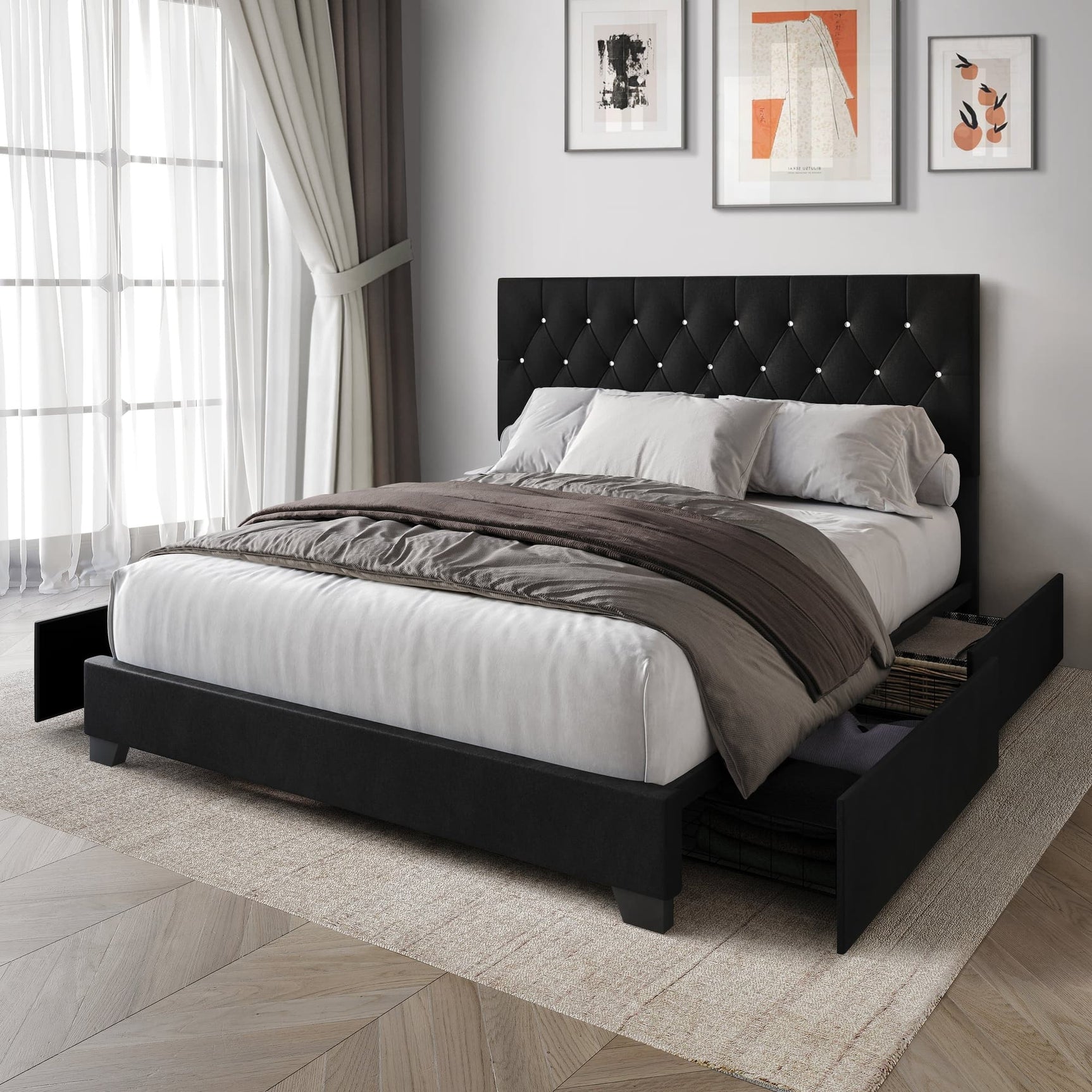 Saddy black velvet tufted platform queen bed, front view
