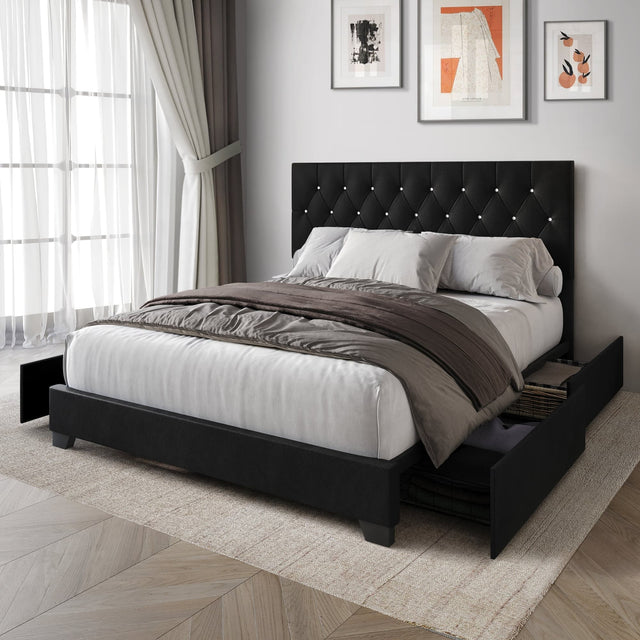 Saddy full-platform bed in black velvet with tufted headboard, front view