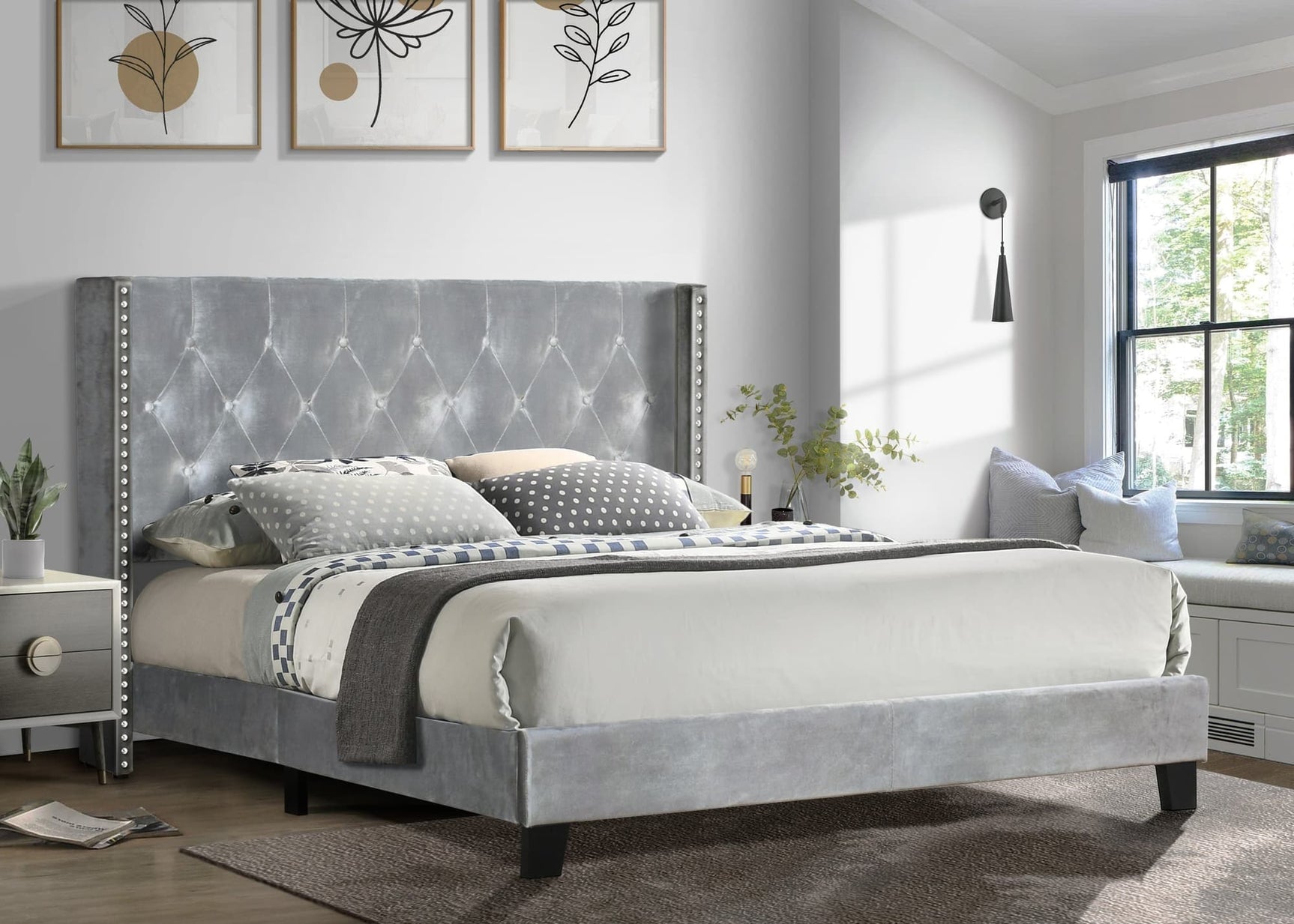 Silver velvet tufted platform full bed, front view