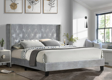 Silver velvet tufted platform full bed, front view