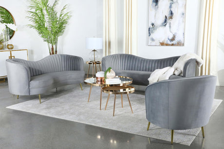 Sophia 3-piece grey upholstered channel tufted sofa set front view
