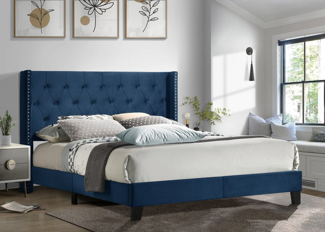 Erni blue velvet tufted platform twin bed front view