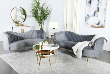 Sophia grey upholstered channel tufted sofa - front main view