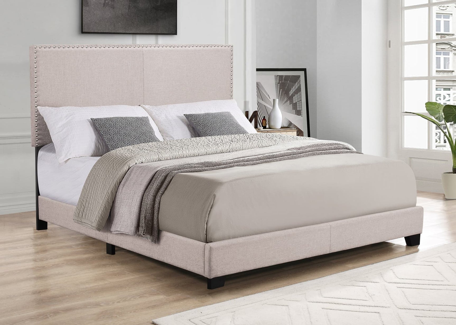 Dean Sand Upholstered Queen Bed in linen fabric shown angled
