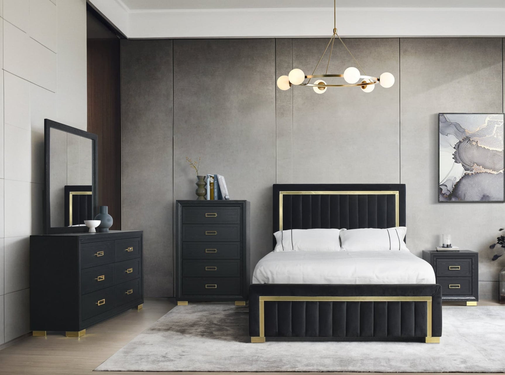 Koluma black upholstered queen panel bedroom set front view