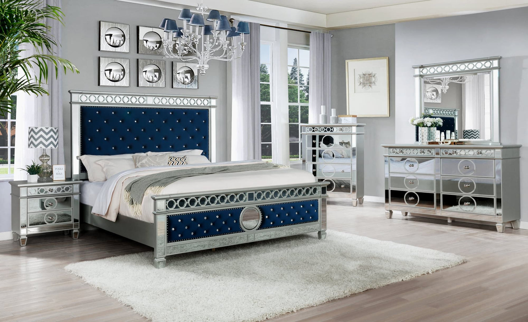 B5000 blue velvet bedroom set showing king bed and chest