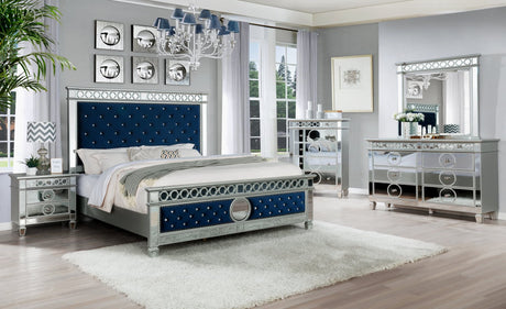 B5000 blue velvet bedroom set showing king bed and chest