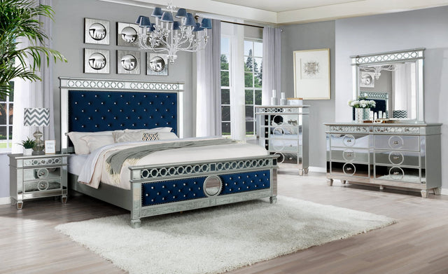 B5000 blue velvet bedroom set showing king bed and chest