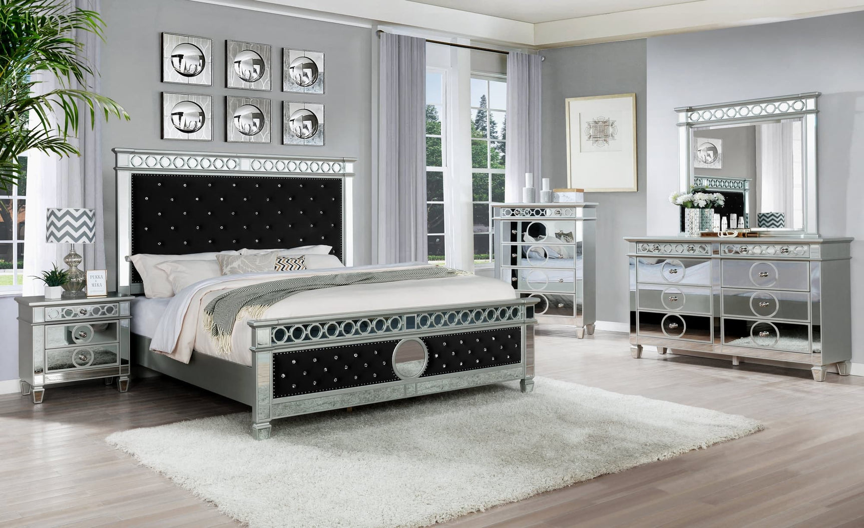 B5010 black velvet bedroom set showing bed, dresser, mirror, nightstand, and chest
