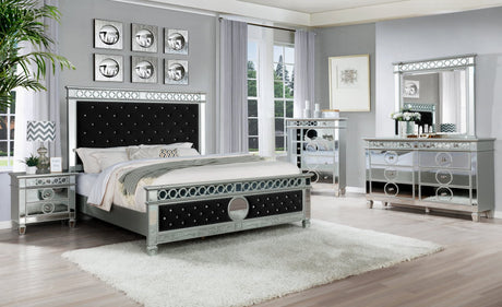 B5010 black velvet bedroom set showing bed, dresser, mirror, nightstand, and chest