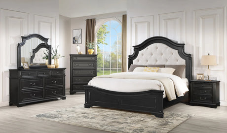 Boila Black Upholstered King Bed front angle showing headboard and footboard