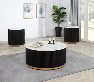 Kara Black Coffee Table Set showing round coffee table with casters