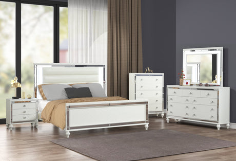Stars White 5-Piece Bedroom Set front view with bed, dresser, mirror, nightstand, and chest