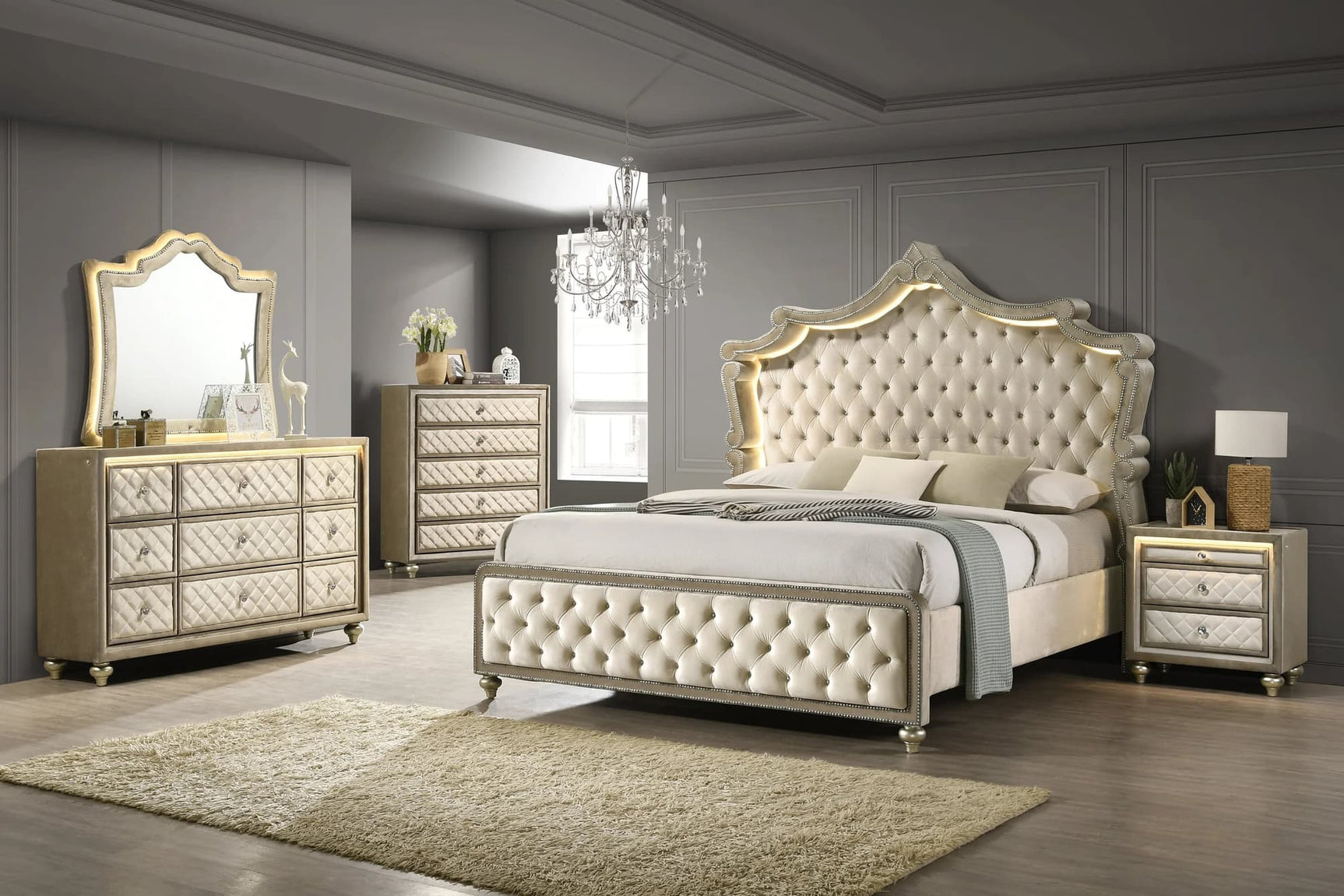 Kingdom 4-Piece Bedroom Set showing bed, dresser with glass top, mirror, and nightstand