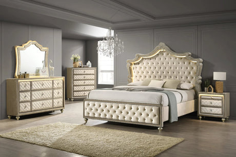 Kingdom 4-Piece Bedroom Set showing bed, dresser with glass top, mirror, and nightstand