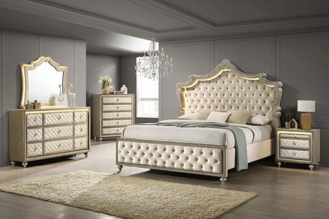 Kingdom Beige LED Upholstered Tufted Panel Queen Bedroom Set front view