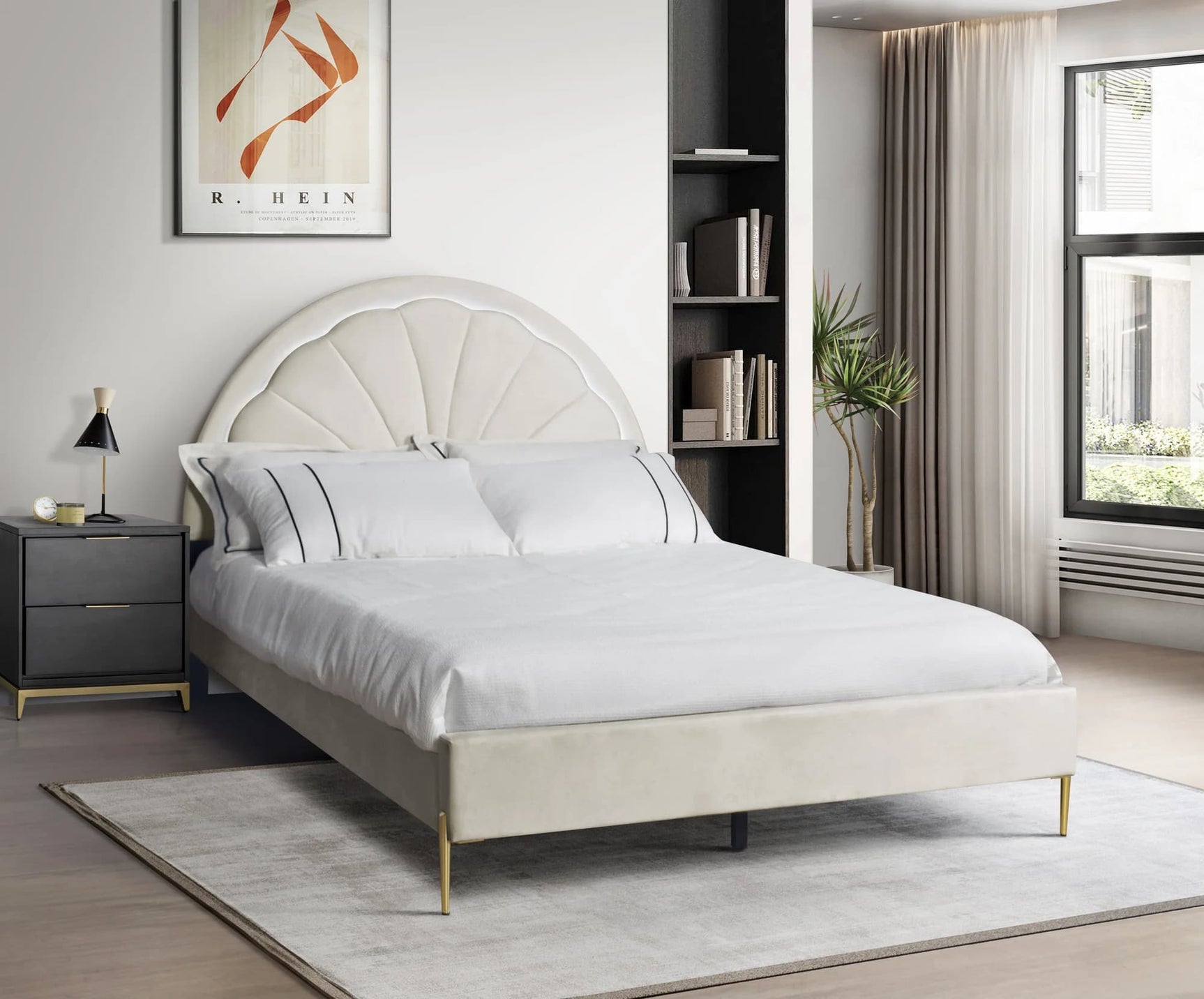 Flora beige platform bed full size with LED lights on headboard, front view