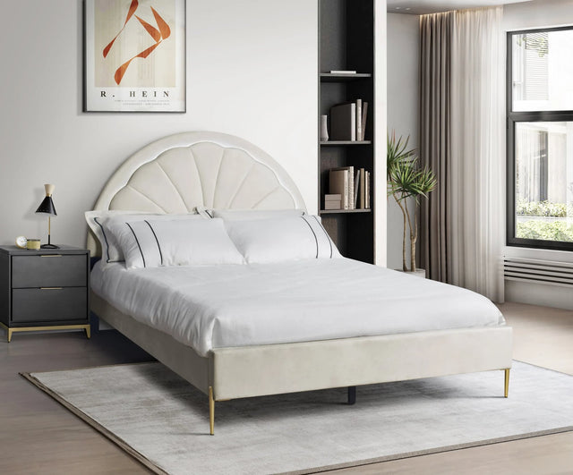 Flora beige platform bed full size with LED lights on headboard, front view