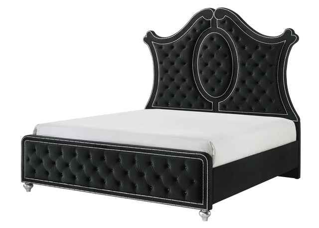Cameo Black Upholstered Tufted King Panel Bed front view