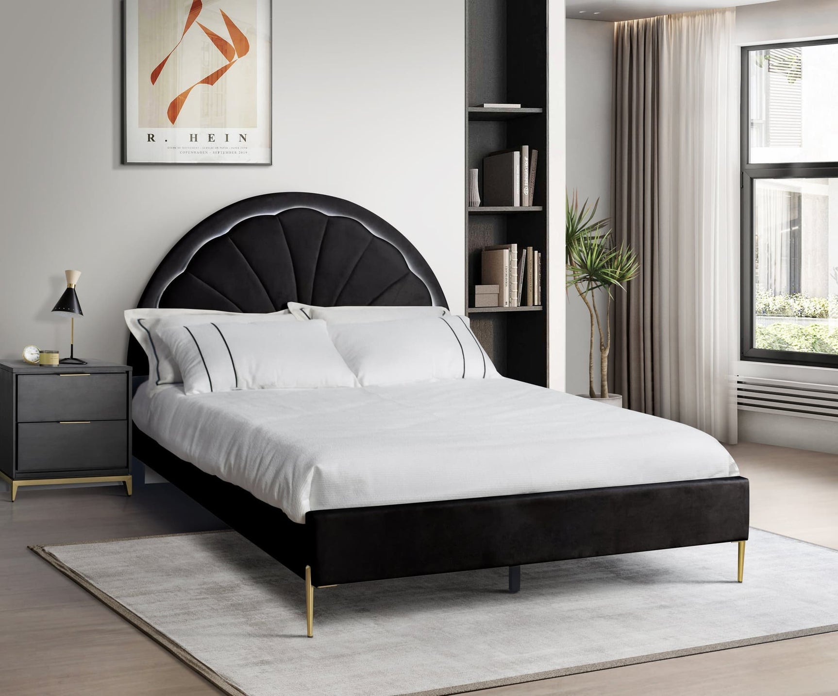 Flora Black Full platform bed with LED-lit headboard, front view